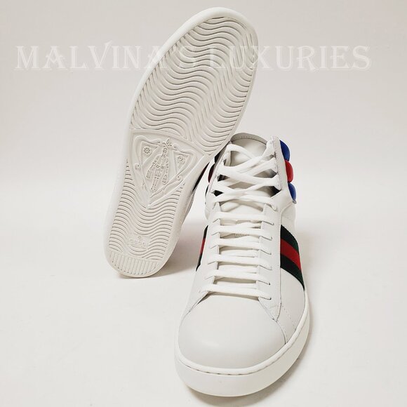 GUCCI SNEAKERS MENS ACE HIGH TOP WHITE LEATHER WEB STRIPE SHOES sz 10G 10.5 - Picture 11 of 12
